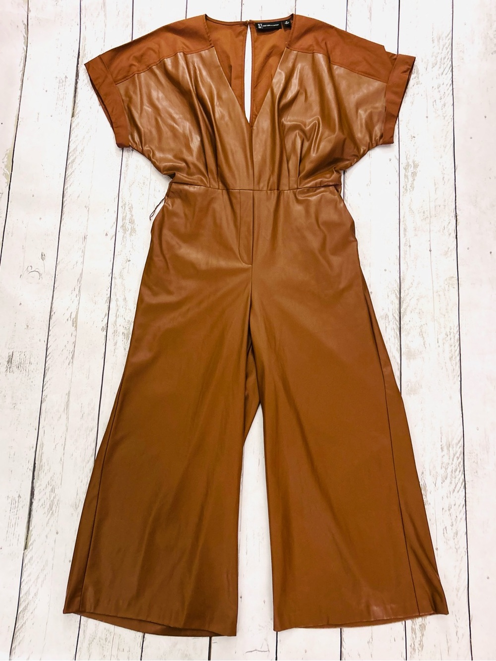 Sz M New York & Company Cognac Faux Leather Wide-Leg Jumpsuit